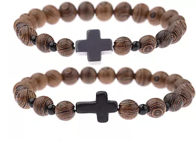 8MM Natural Wooden Beads Christian Prayer Cross Bracelet For Men Women Handmade  • $11.97