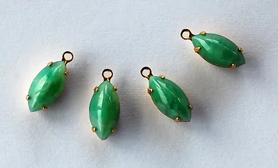 VINTAGE 4 GREEN MOONSTONE GLASS NAVETTE PENDANT BEADS BRASS SETTING 12x6mm • $2.99