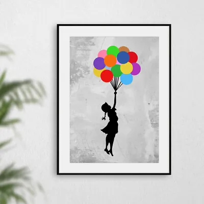 Banksy Rainbow Balloon Girl Colourful Wall Art Print Picture Artwork Poster Grey • £5.99