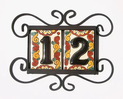 2 Mexican BLACK House Numbers Tiles With HORIZONTAL Iron Frame  • $37