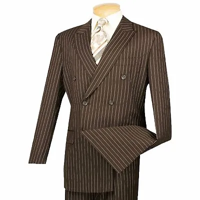 VINCI Men's Brown Pinstripe Double Breasted 6 Button Classic Fit Suit NEW • $100
