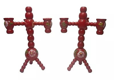 Vintage MCM Swedish Sweden Candelabra Candle Holder Red Flower Folk Art Set 2 • $49