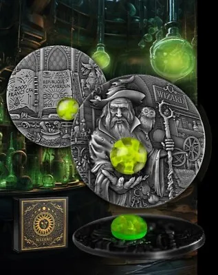 2023 Cameroon Wizard 2 Oz Silver Coin Antiqued With Fluorescent Insert Mint 888 • £205.90