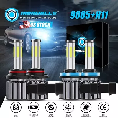 6 Sides 9005 H11 LED Headlight High Low Beam Bulbs Kit Super White Bright Lamps • $26.99