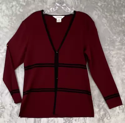 Misook Woman's Cardigan Sweater Extra Small Maroon Black Stripe 2 Button V-Neck • $29.99