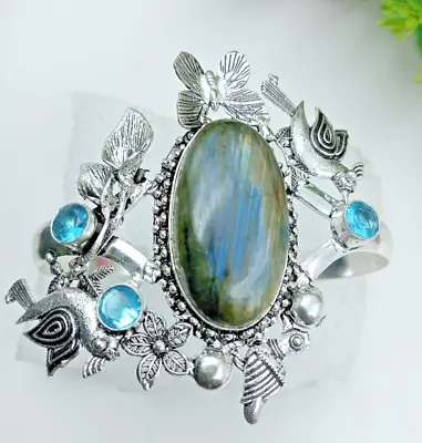 Labradorite &Topaz Gemstone Handmade 925 Sterling Silver Jewelry Cuff Bracelet • $16.14