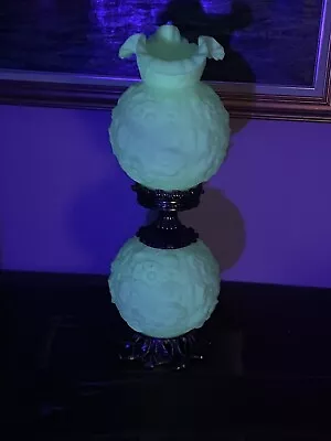 Vintage Fenton Lime Green Uranium Glass Poppy Gone With The Wind Lamp - Glows! • $300
