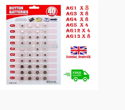 40 Assorted Button Cell Watch Tiny Batteries AG1/3/4/5/12/13 Individually Sealed • £2.99