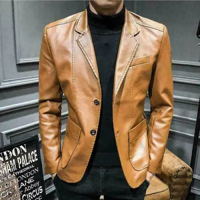 $41.09 • Buy Men's Formal Blazer Leather Jacket Coat Business Slim Fit Wedding Casual
