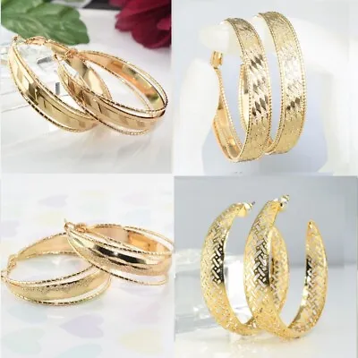 18K Gold Filled Ladies Prom 30 - 50mm Hoop Pattern Earring Party Xmas E/9752g • £7.99