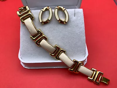 Vtg Monet Ivory Cream Enameled Bracelet Clip On Earrings Set Signed Gold Tone • $19.75