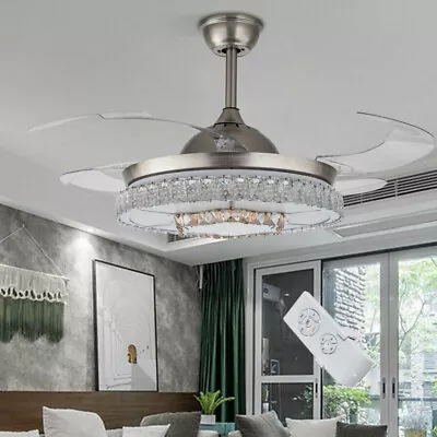 42'' Retractable Ceiling Fan Light LED Chandelier Lamp + Remote Control Crystal  • $95