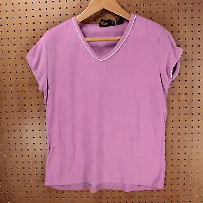 Vtg 70s 80s Piped Terry Cloth V-neck Shirt 42 LARGE Cap Sleeves Disco Baby Doll • £17.36