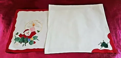 Vintage Hand Embroidered Applique White Cotton Two Tablecloth - SANTA XMAS • $14.80