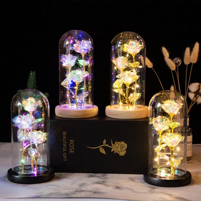 $29.99 • Buy LED Light Enchanted Eternal Flower Rose In Glass Dome Valentine Day Gift Decor 