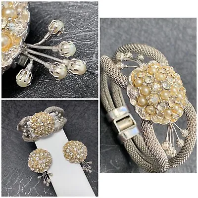 Vintage 1950s Pearl  Rhinestone Hinged Clamper Bracelet & Matching Clip Earrings • $49.50