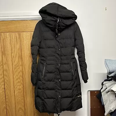 Zara Puffer Coat Jacket Longline Hooded Belt Black Size Small • £7.99