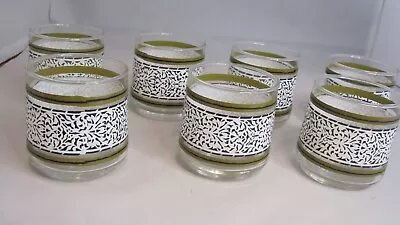 7 Vintage Mid Century Lowball Whisky Tumblers White Filigree Black Tan Striped • $38.80