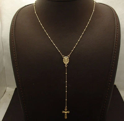 $2500 • Buy 17  2mm Rosary Ball Chain Medal Cross Crucifix Necklace Real 10K Yellow Gold 