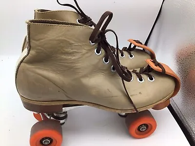 Vintage Riedell Roller Skates Tan All Leather  Sz 10 Sure Grip Super Speed • $40