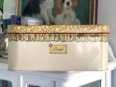 $27 • Buy VTG CHEINCO 1980s Tin Metal BREAD BOX Strawberry Ruffled Curtain Light Yellow