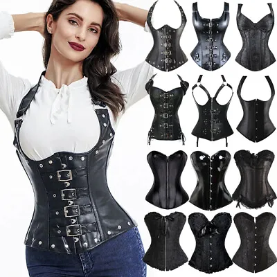 Womens Black Boned Steampunk Corset Burlesque Bustier Top Lingerie Waist Trainer • $25.79