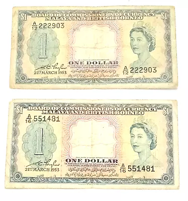 1953 Lot Of 2 Malaya & British Borneo One Dollar Banknotes P-#1a • $19.99