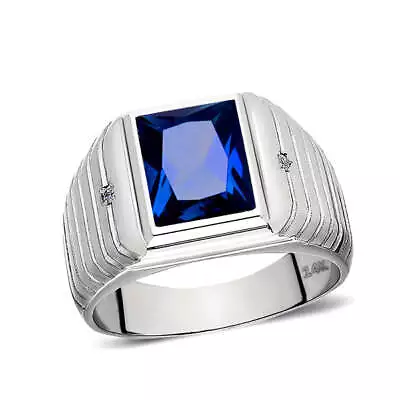 Mens Solid 14K White Gold Sapphire Ring 2 Natural Diamonds Heavy Ring For Man • $854
