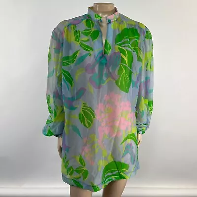 Vintage 70s Dress Mini Retro Sheer Floral 60s Logo Bright Party Tunic B4-10 • $39.99
