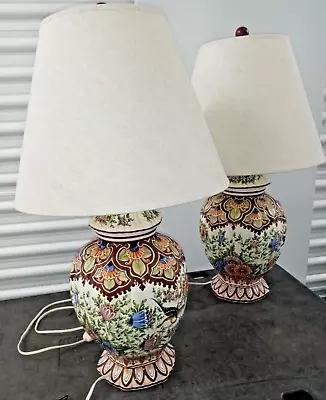 Two / Pair ANTIQUE VINTAGE Lowys Fictoor Style Delft Polychrome LAMP 1950's RARE • $3900