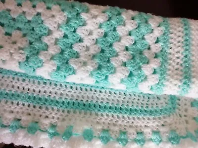 New Handmade Crochet Unisex Turquoise/White Multi Purpose Baby Blanket. L@@K!  • £18.95