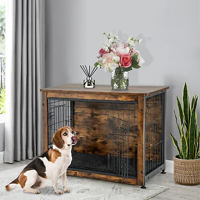 Costway Wooden Dog Crate Furniture Dog Kennel End Table W/Pad Bed &Double Doors • $119.99