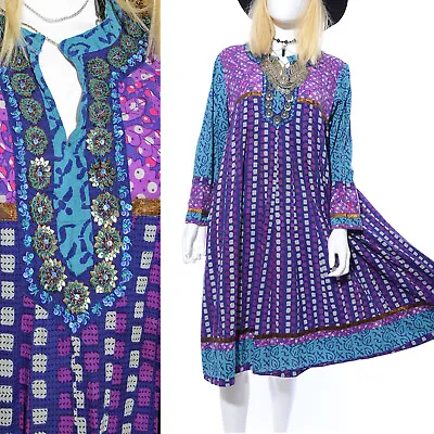 Vtg INDIA Boho Hippie Ethnic Gypsy Embellished Cotton Caftan Flared Tent Dress • $58