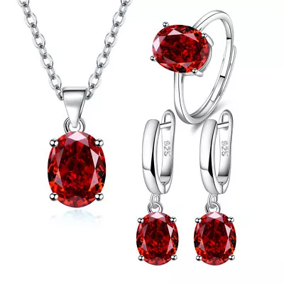 925 Sterling Silver Oval Red Crystal Necklace Earrings Ring Women Jewelry Set • $9.51