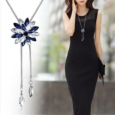 Women Crystal Pendant Long Tassel Charm Flower Pearl Sweater Necklace Jewellery • £4.99
