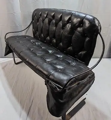Antique Child's Horse Drawn Sleigh Black Button Tufted Leather Bench Seat 30  • $595