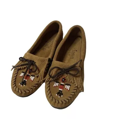 Minnetonka Thunderbird Womens Size 7 Boat Moccasins Brown Suede Leather Loafer • $20.99