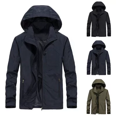 Mens Windproof Waterproof Jacket Tops Outdoor Hiking Zippy Up Hooded Rain Coat • £9.99