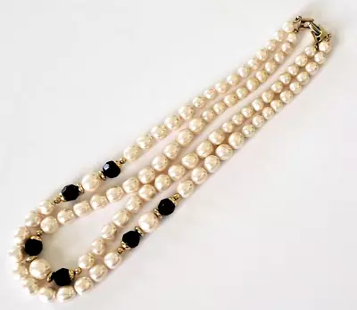 White Pearl Double Strand Vintage Necklace W/Faceted Black Acrylic Beads 21 In. • $11.95