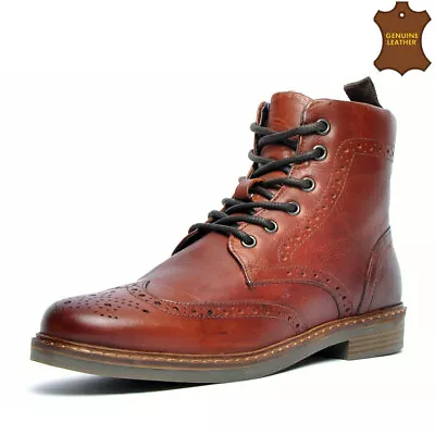 Mens Leather Boots Brogue Smart Formal Combat Lace New Army Ankle Boots Shoes • £32.95