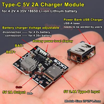 5V 2A Type-C USB 3.7V 18650 Lithium Li-ion Battery Charger Module DIY Power Bank • £2.77