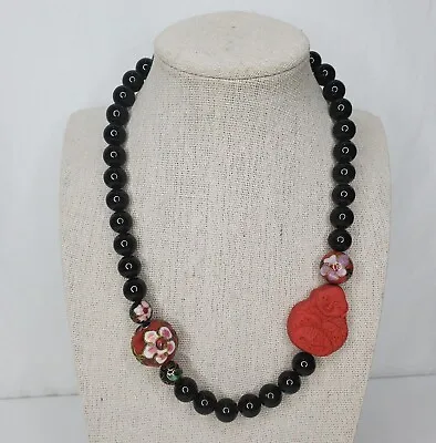 Vtg Carved Cinnabar Buddha Glass Cloisonne Beaded Necklace Black Sterling Clasp • $72.25