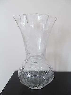 VTG Martinsville Viking Glass Crimp Ruffle Top Vase Etched Prelude 10 H • $39.98