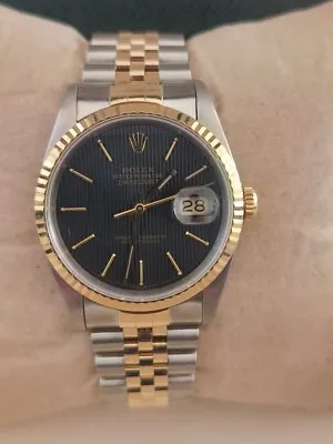 Rolex Mens Datejust Two-Tone 18K Gold Watch Rare Black Tapestry Dial 16233 • £5650