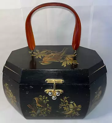 Vintage Black Lacquer Wooden Purse Handbag Birds 3D Decoupage Bakelite Handle • $29.99