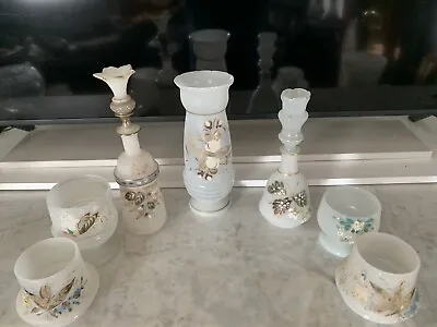 Antique Bristol Hand Blown Hand Painted Floral Frosted Glass 9 Piece Lot • $35.95