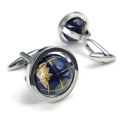 Gift Bag + Quality Globe Silver Tone Cuff Links Scull Cufflinks World Map Blue • £10.39