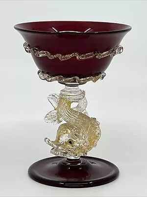 Venetian Murano Hand Blown Ruby Red 2 Oz. Cordial Glass Gold Dolphin Stem 4” • $49