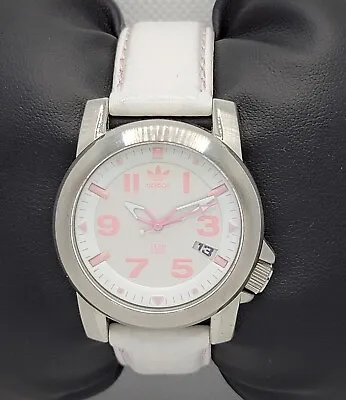 Ladies Adidas Silver Tone Pink Numerals White Leather Strap Watch ADH1285 I3 • $99.99