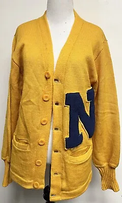 1950s 1960s Wool Varsity Cardigan Letterman N Sweater Mens Large Yellow Vintage • $29.98